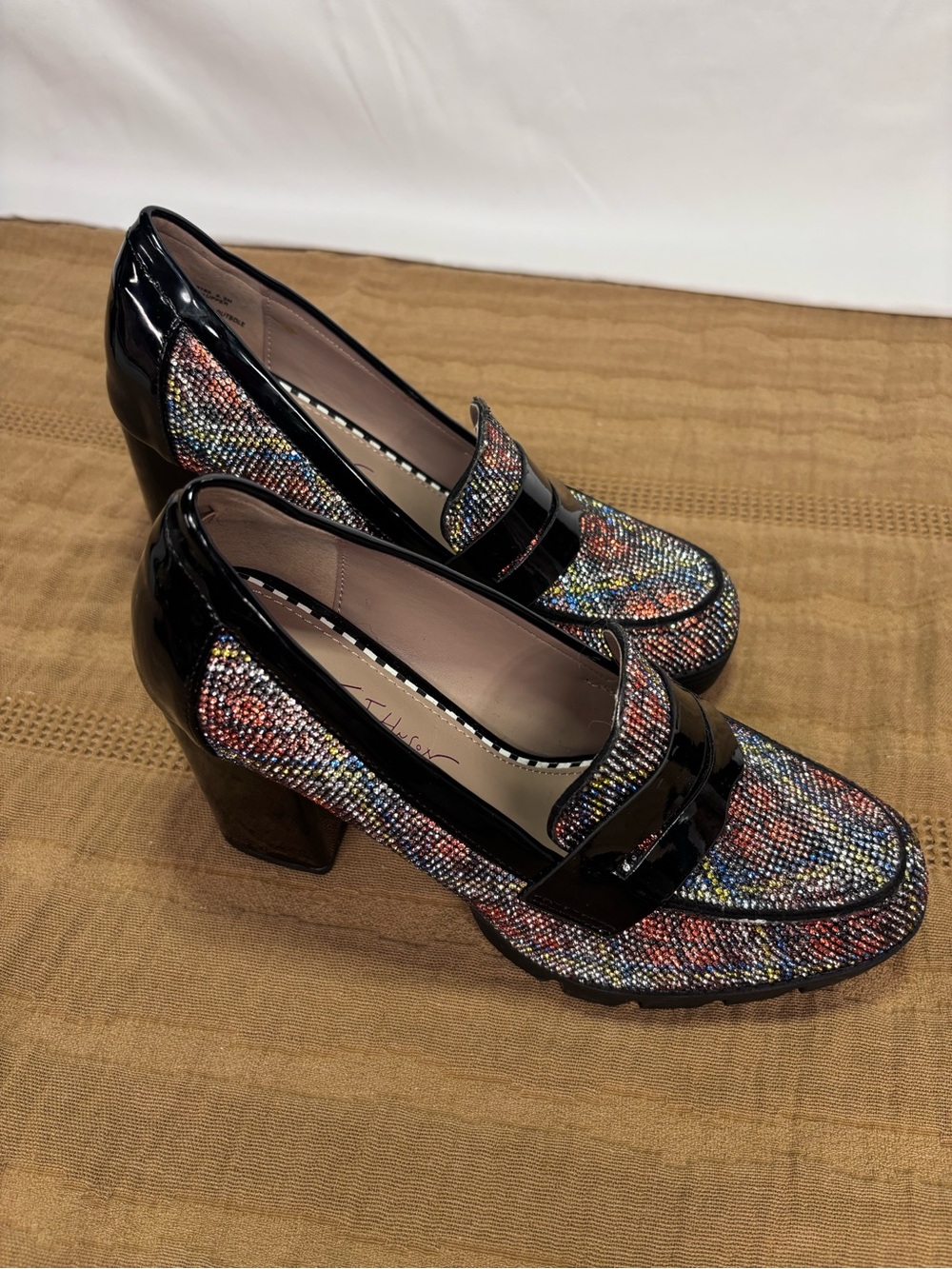 Betsey Johnson Black Patent Multicolor Beaded Block Heel Loafers - Picture 6 of 14